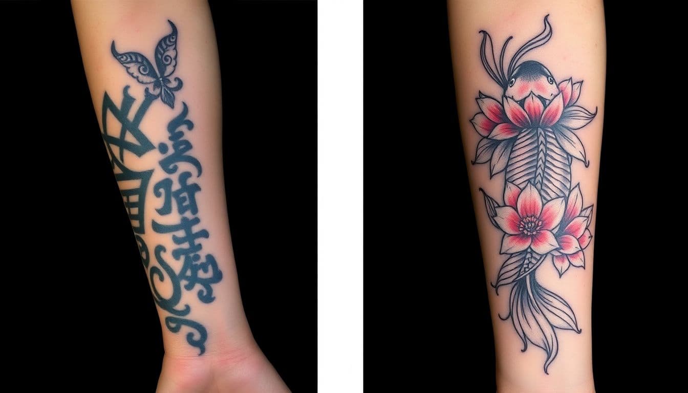 AI tattoo cover up generator - before and after tattoo transformation showing old tribal tattoo covered with Japanese koi design