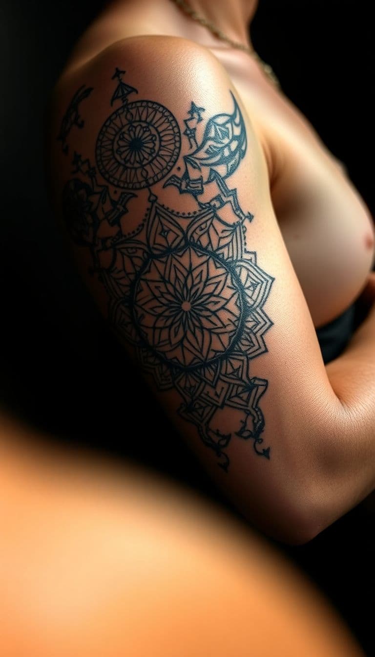 AI generated half sleeve tattoo design - geometric mandala with sacred geometry and dotwork