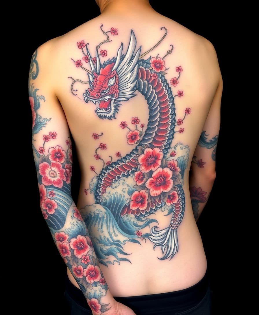 Japanese irezumi tattoo style - dragon, koi fish, cherry blossoms, traditional Japanese tattoo design