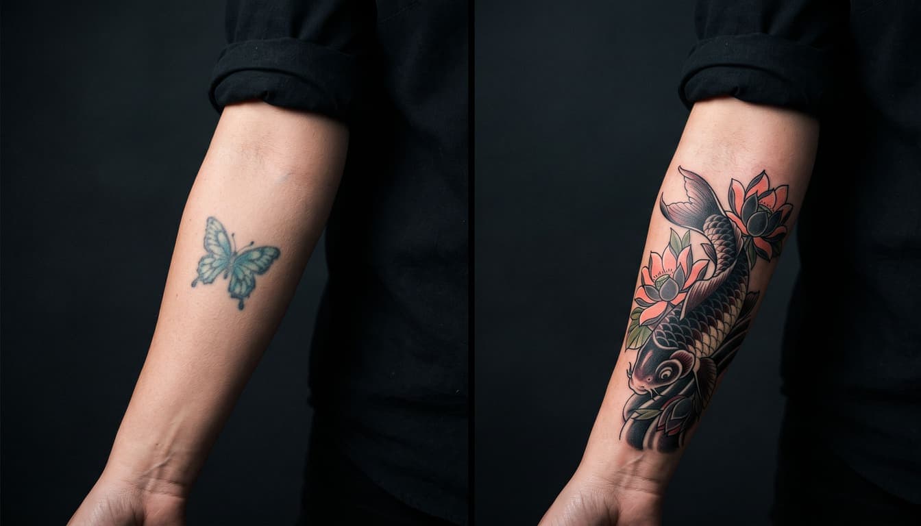 AI tattoo cover up generator - before and after tattoo transformation showing old tribal tattoo covered with Japanese koi design