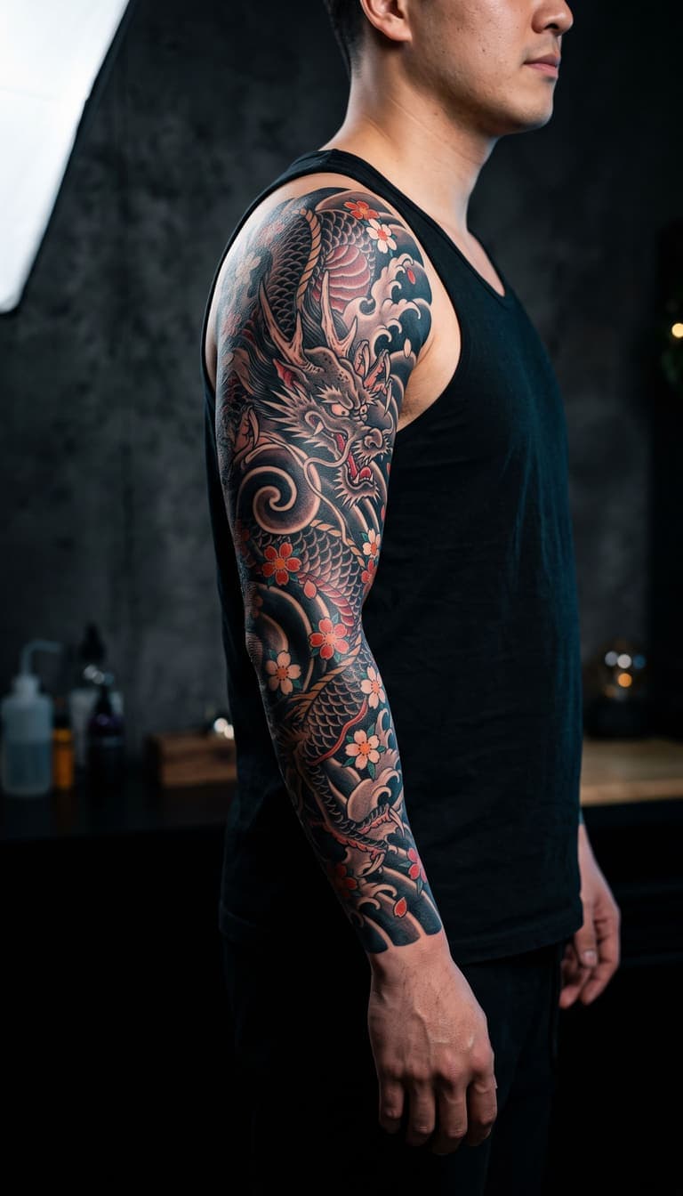 AI generated full sleeve tattoo design - Japanese irezumi style with dragon, koi fish and cherry blossoms
