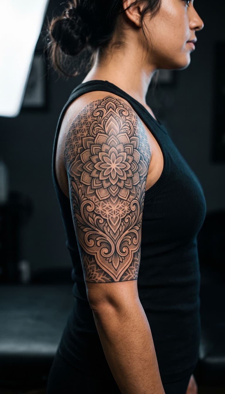 Design di mezza manica generato con AI - mandala geometrico con geometria sacra e dotwork