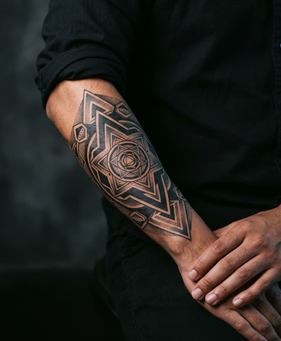 Geometric sacred geometry tattoo - mandala patterns, dotwork, hexagons, metatrons cube, blackwork tattoo