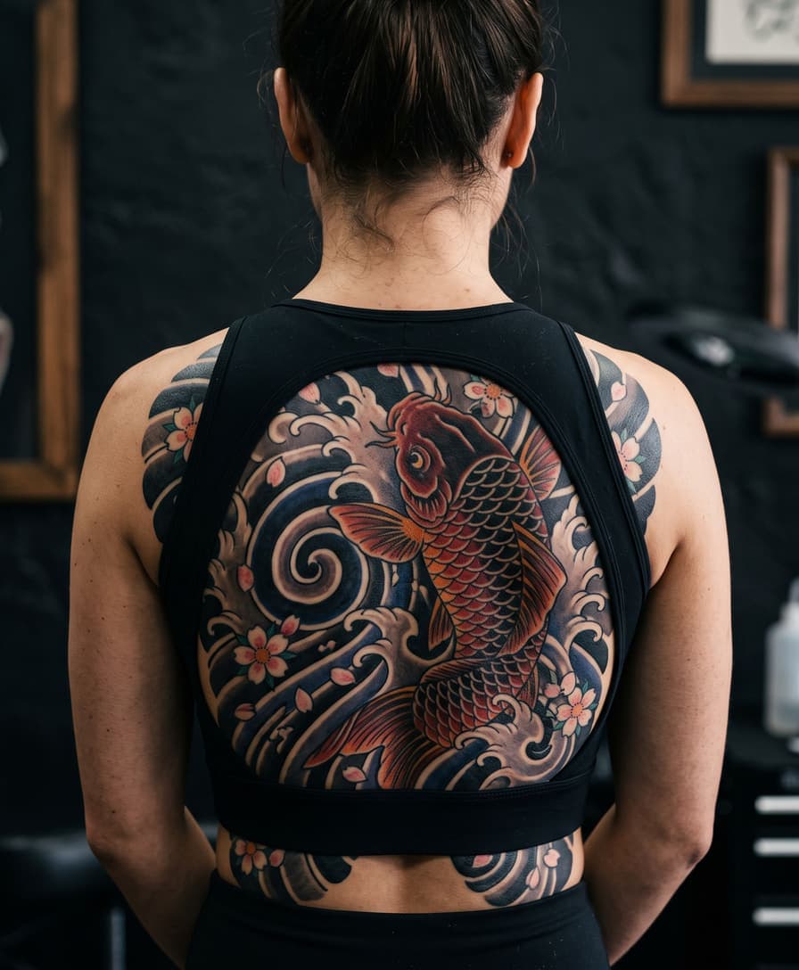 Japanese irezumi tattoo style - dragon, koi fish, cherry blossoms, traditional Japanese tattoo design