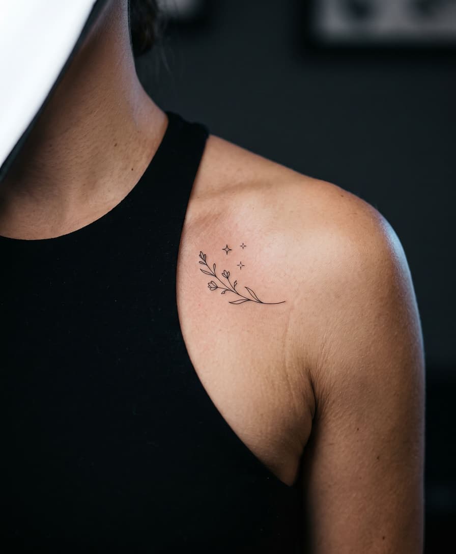 Minimalist fine line tattoo design - delicate botanical flowers, simple geometric shapes, elegant small tattoos