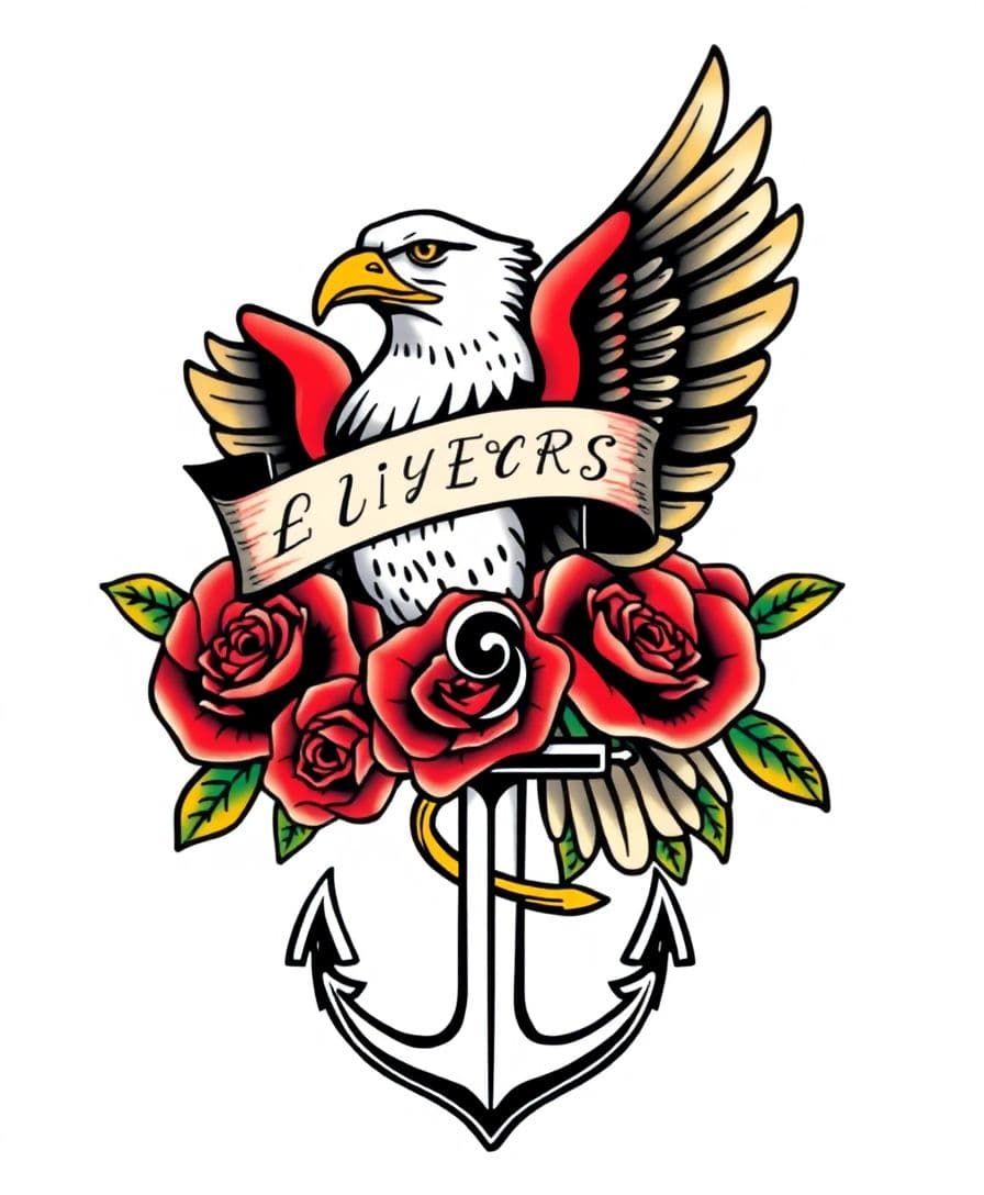 Traditional American old school tattoo - bold eagle, roses, anchor, sailor jerry style vintage tattoo art