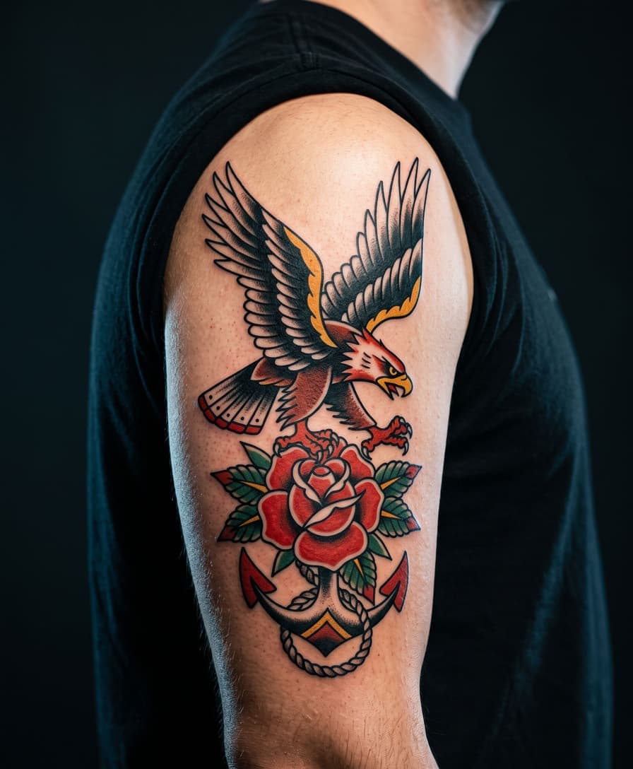 Traditional American old school tattoo - bold eagle, roses, anchor, sailor jerry style vintage tattoo art