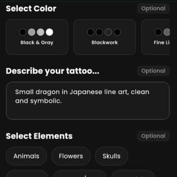 Interfaccia di prompt testuale del generatore di tatuaggi AI - descrivi la tua idea di tatuaggio o carica un'immagine di riferimento
