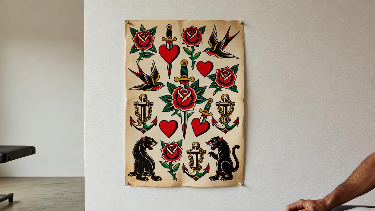 Classic old-school flash tattoo sheet of bold traditional designs including roses, daggers, swallows and anchors generated by AI