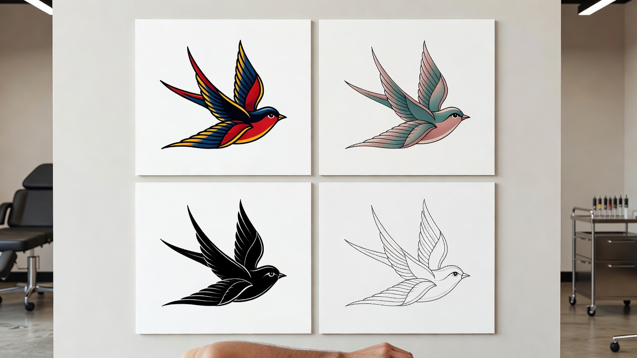 Comparison of flash tattoo styles including American traditional, neo-traditional, blackwork and fine-line designs generated by AI