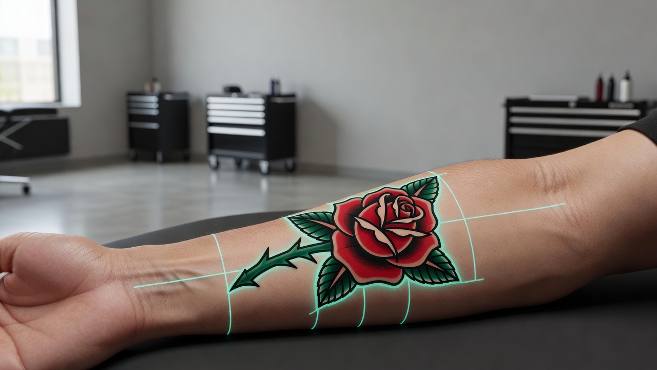 AR try-on preview placing an AI flash tattoo design at real scale on a forearm before getting inked