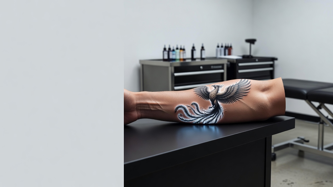 AI-generated tattoo art previewed on a person's forearm using augmented reality before getting tattooed
