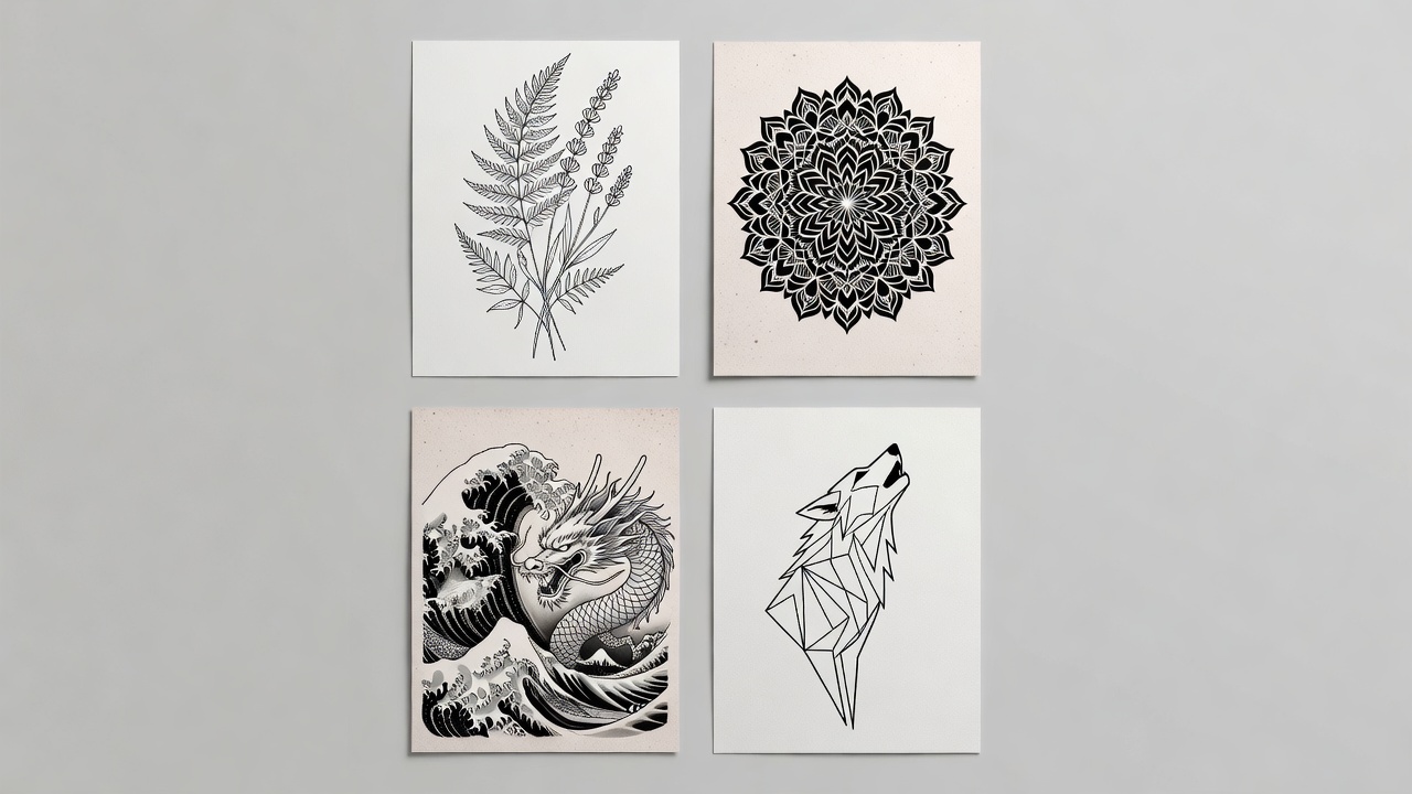 Multiple AI-generated tattoo art styles including fine line, blackwork and Japanese traditional shown together