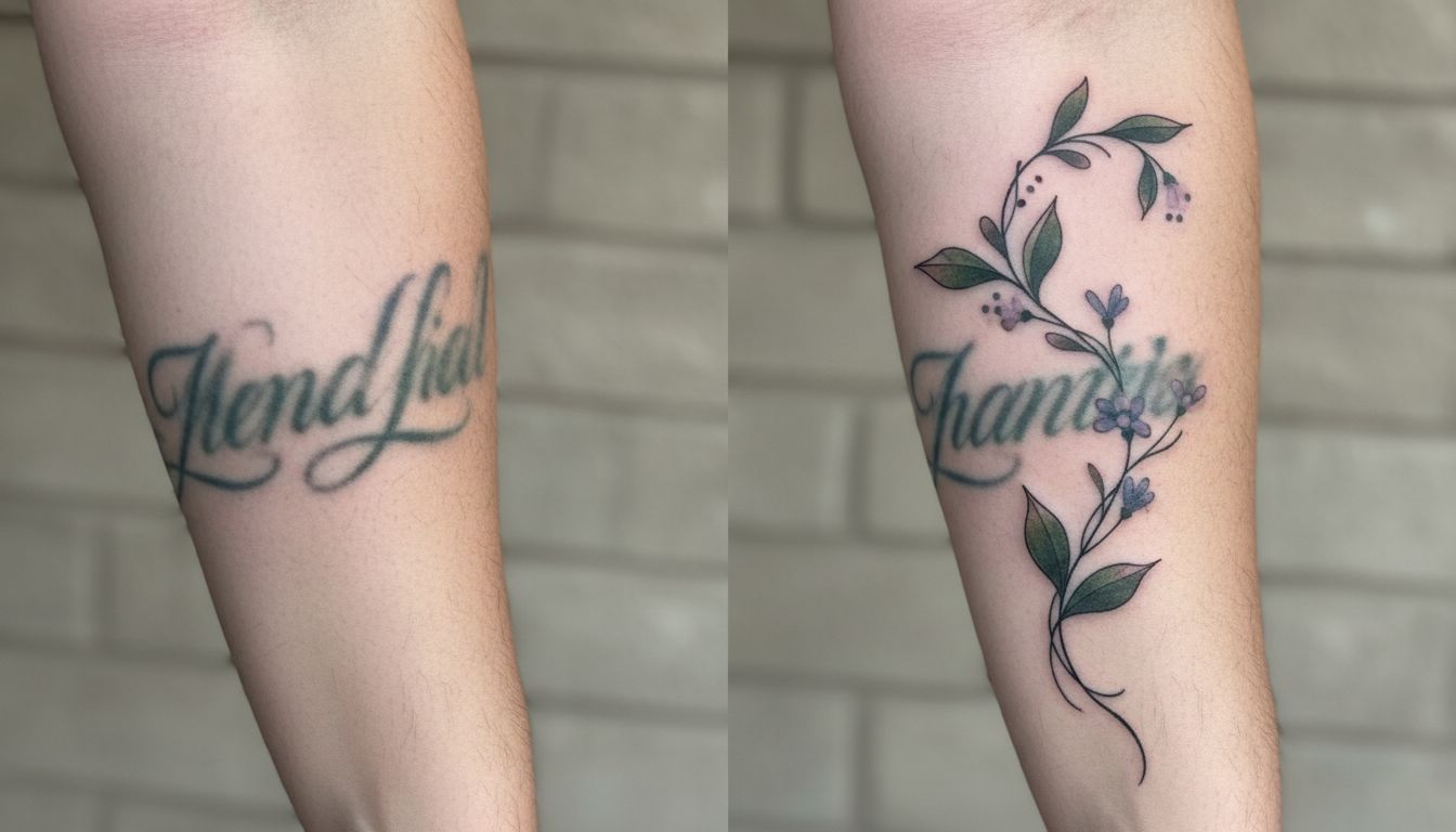 Multiple cover up examples showing original tattoos and their beautiful new covers