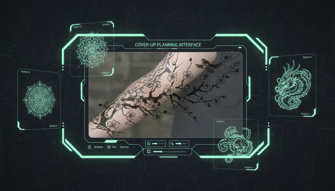 AI interface analyzing old tattoo shape and generating cover up options