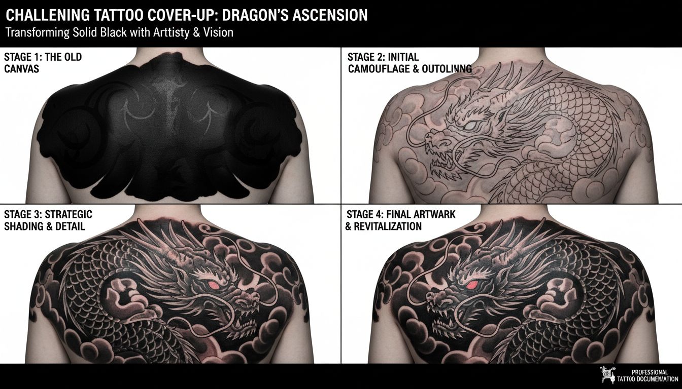 Very dark old tattoo being transformed with strategic dark cover design