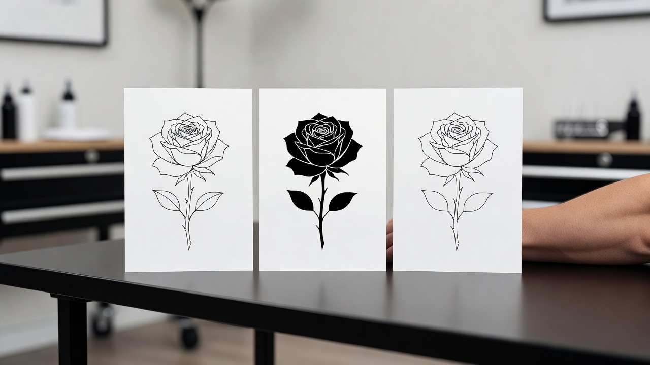 Nebeneinander KI-Tattoo-Line-Art-Zeichnungen in Fine-Line-, kräftigem Blackwork- und minimalistischem Umriss-Stil