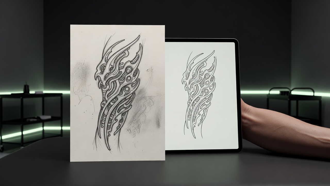 Handgezeichnete Tattoo-Skizze neben ihrer aufgeräumten KI-generierten Line-Art-Version, bereit für den Schablonen-Export