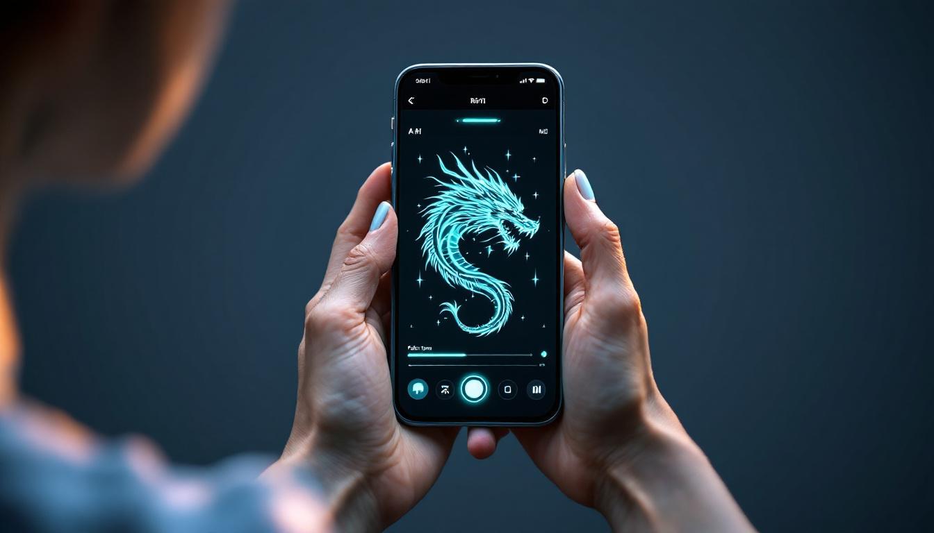 Smartphone showing an AI tattoo editor interface refining a generated dragon tattoo design with mint accent UI