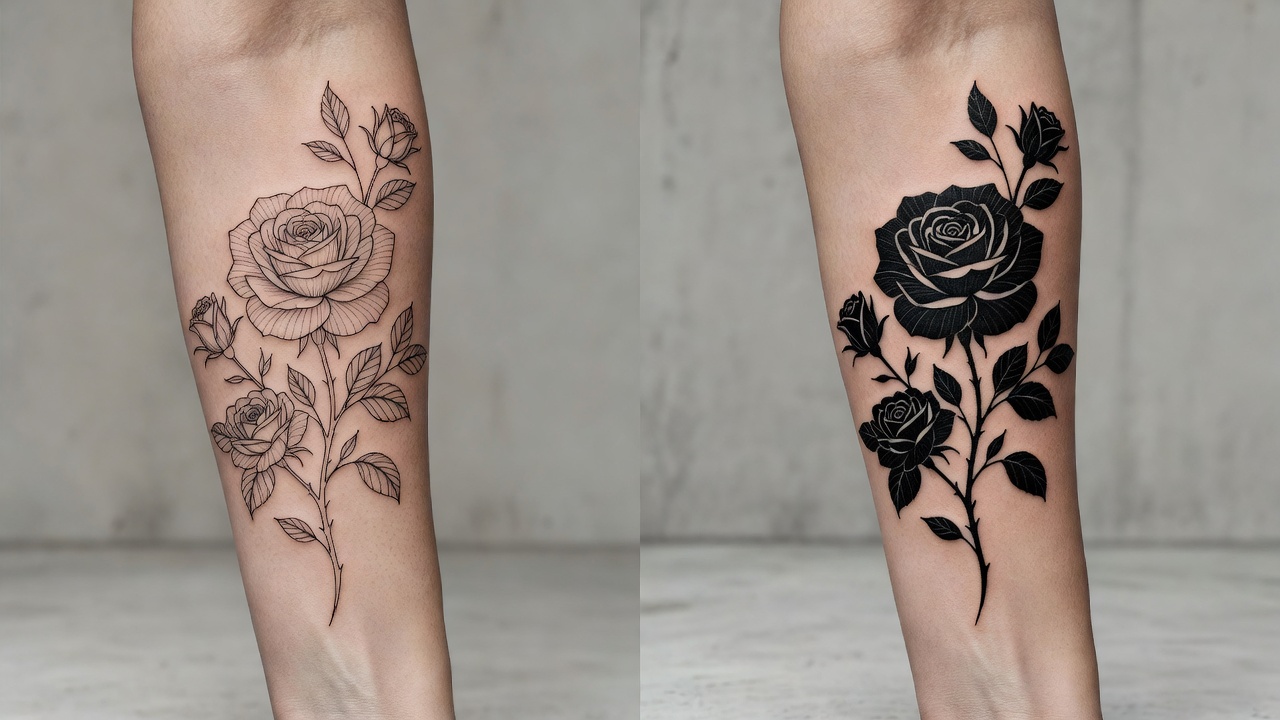 Porównanie przed i po projektu tatuażu AI edytowanego ze stylu cienkiej kreski na odważny blackwork