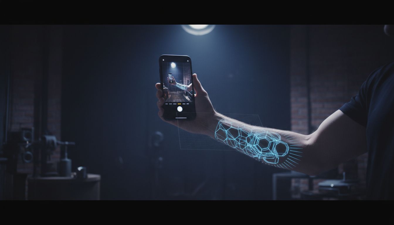 AR technology showing a geometric tattoo design previewed on a person's forearm