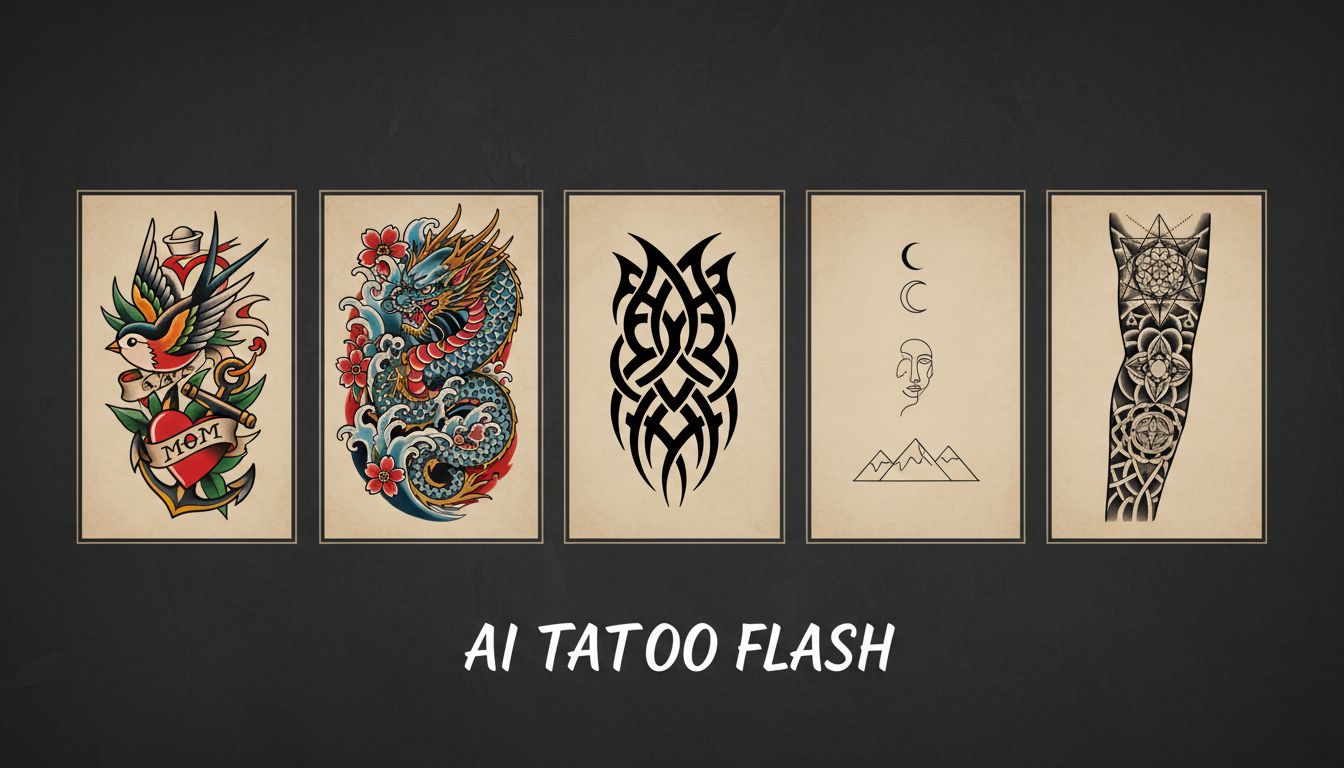 Grid showing different AI-generated tattoo styles including traditional, Japanese, geometric, and minimalist