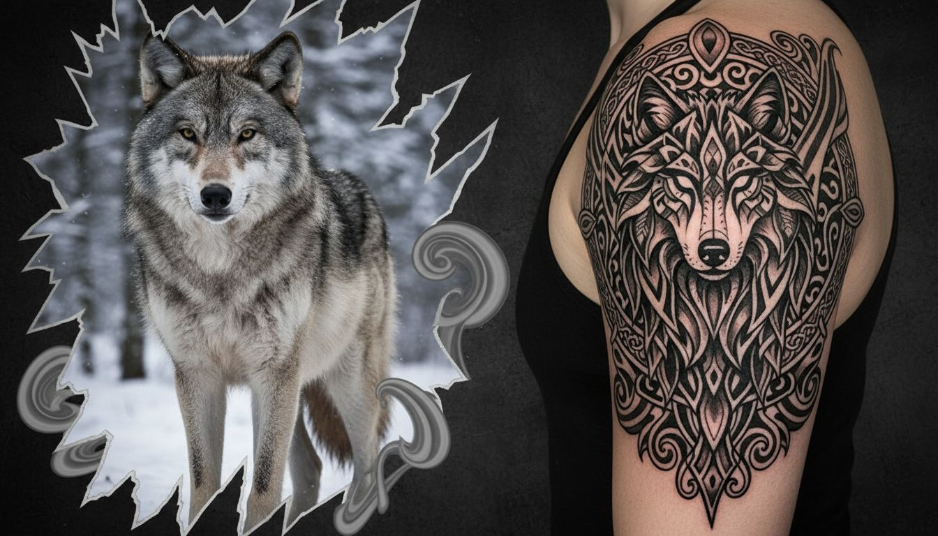Before and after comparison showing a wolf photo transformed into a stylized tattoo design