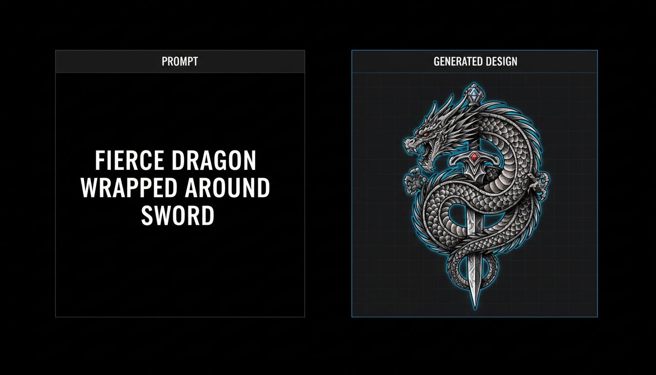 Example showing a text prompt and the resulting AI-generated dragon tattoo design