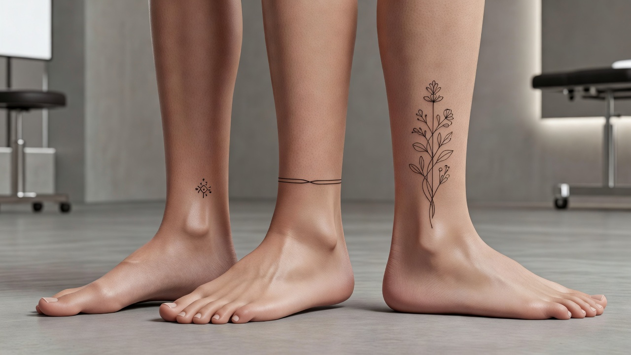 Comparison of AI-generated ankle tattoo placements: outer ankle symbol, anklet band, and vertical back-of-ankle floral