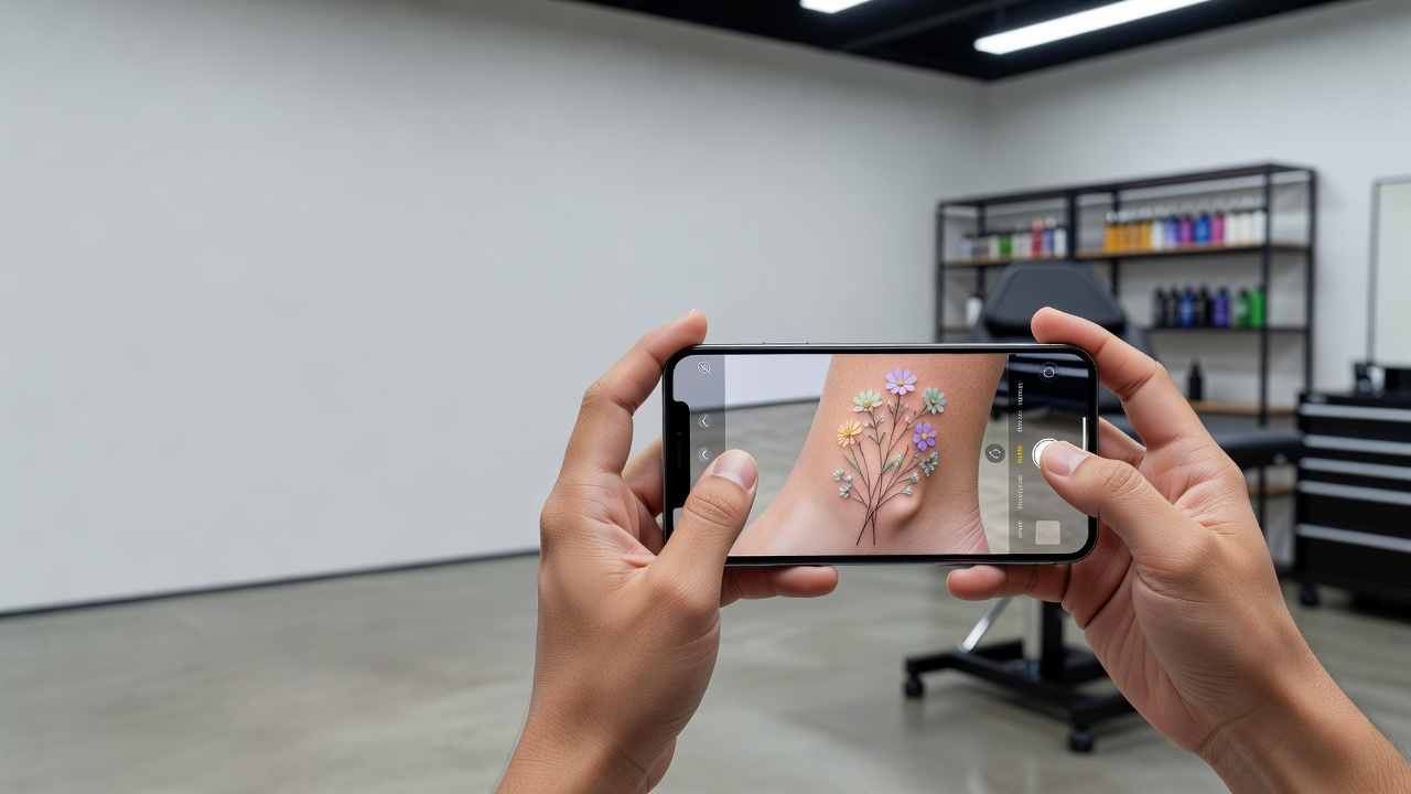 AR try-on preview of an AI-generated wildflower tattoo overlaid on a real ankle through a smartphone camera