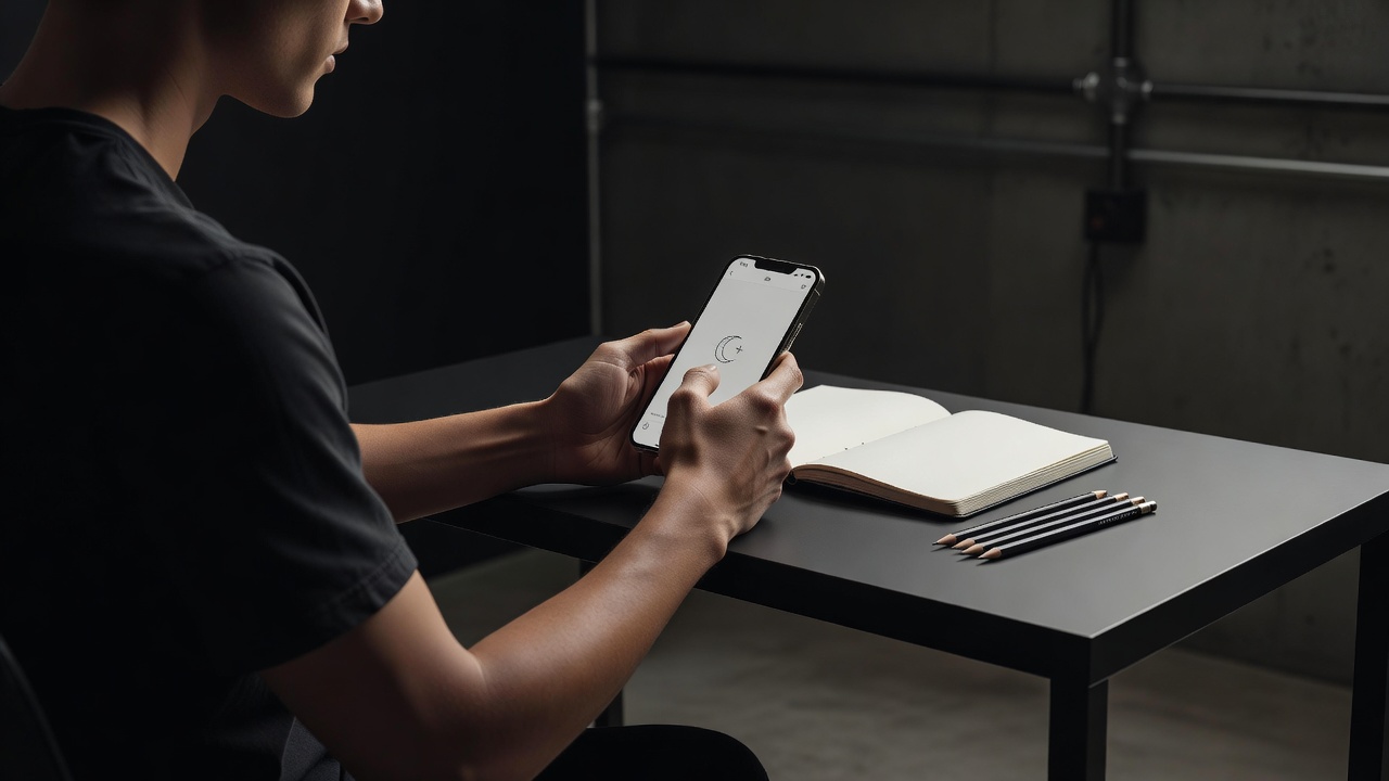 Person verfeinert auf dem Smartphone einen KI-Prompt für ein Tattoo hinter dem Ohr, auf dem Bildschirm ein kleines Mond-und-Stern-Motiv