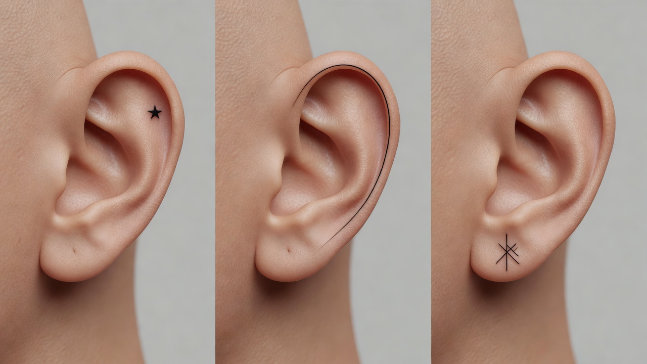 Vergleich von KI-generierten Positionen für Tattoos hinter dem Ohr: ein kleines Symbol in der Falte, eine geschwungene Linie entlang des Ohrs und ein Motiv, das zum Hals hinunterläuft