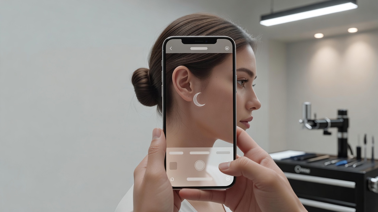 AR-Vorschau einer KI-generierten Mondsichel, über die Smartphone-Kamera hinter einem echten Ohr eingeblendet