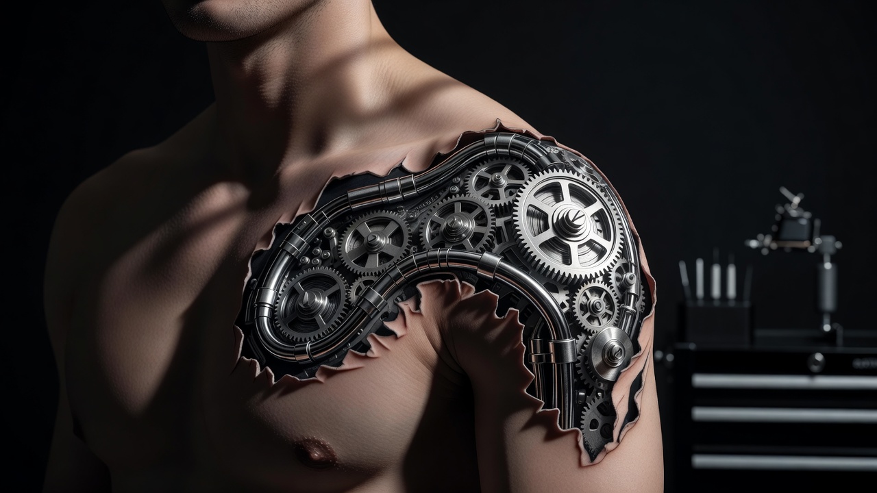 Arte detalhada de tatuagem biomecânica mostrando engrenagens cromadas e tubulação hidráulica fundidas com a pele em um ombro
