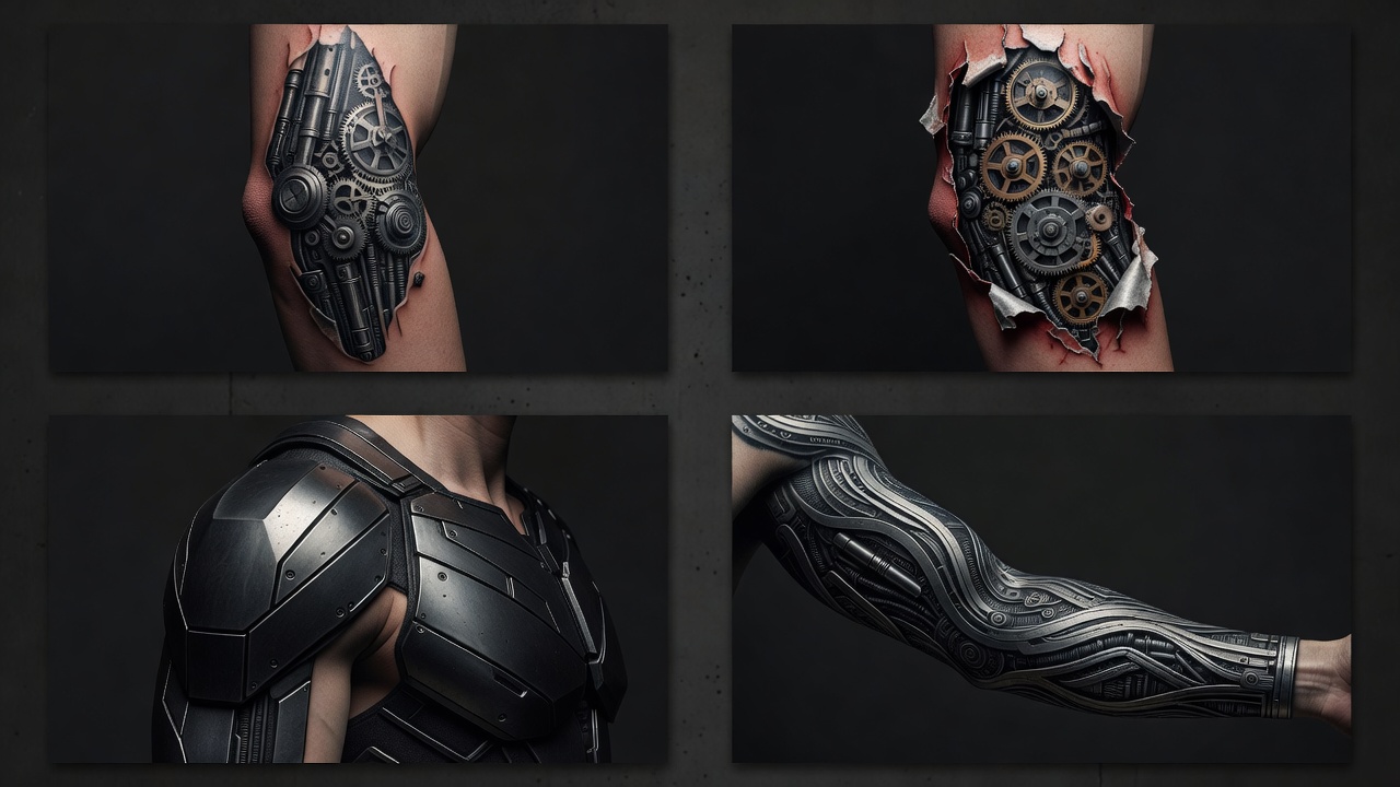 Grade de variações de estilo de tatuagem biomecânica geradas por IA incluindo mecânica de articulação exposta, placas de blindagem e designs de manga completa