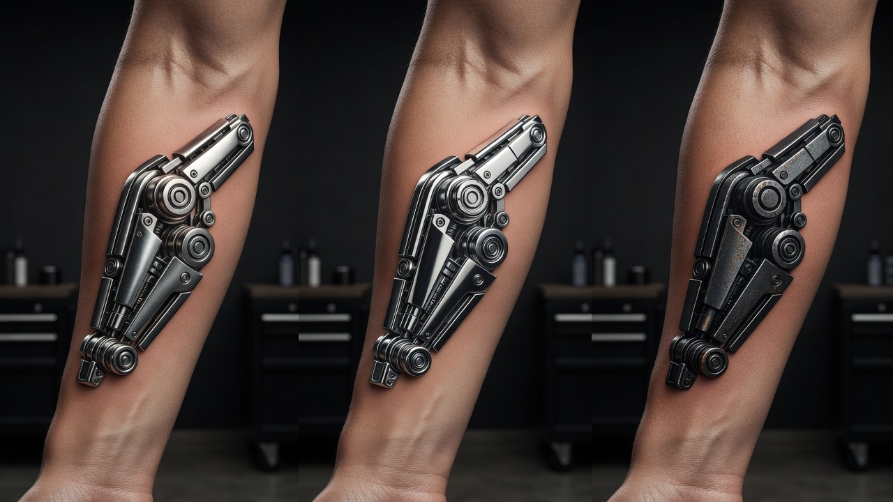 Comparação de variações de design de tatuagem biomecânica geradas por IA mostrando diferentes acabamentos de cromo e posicionamentos de articulações mecânicas
