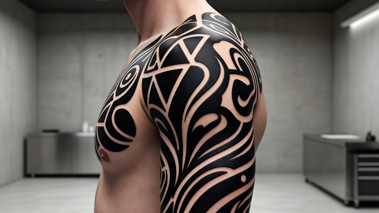 Motivi di tatuaggio blackwork audaci che mostrano campiture nere piene e spazio negativo ben definito sulla pelle