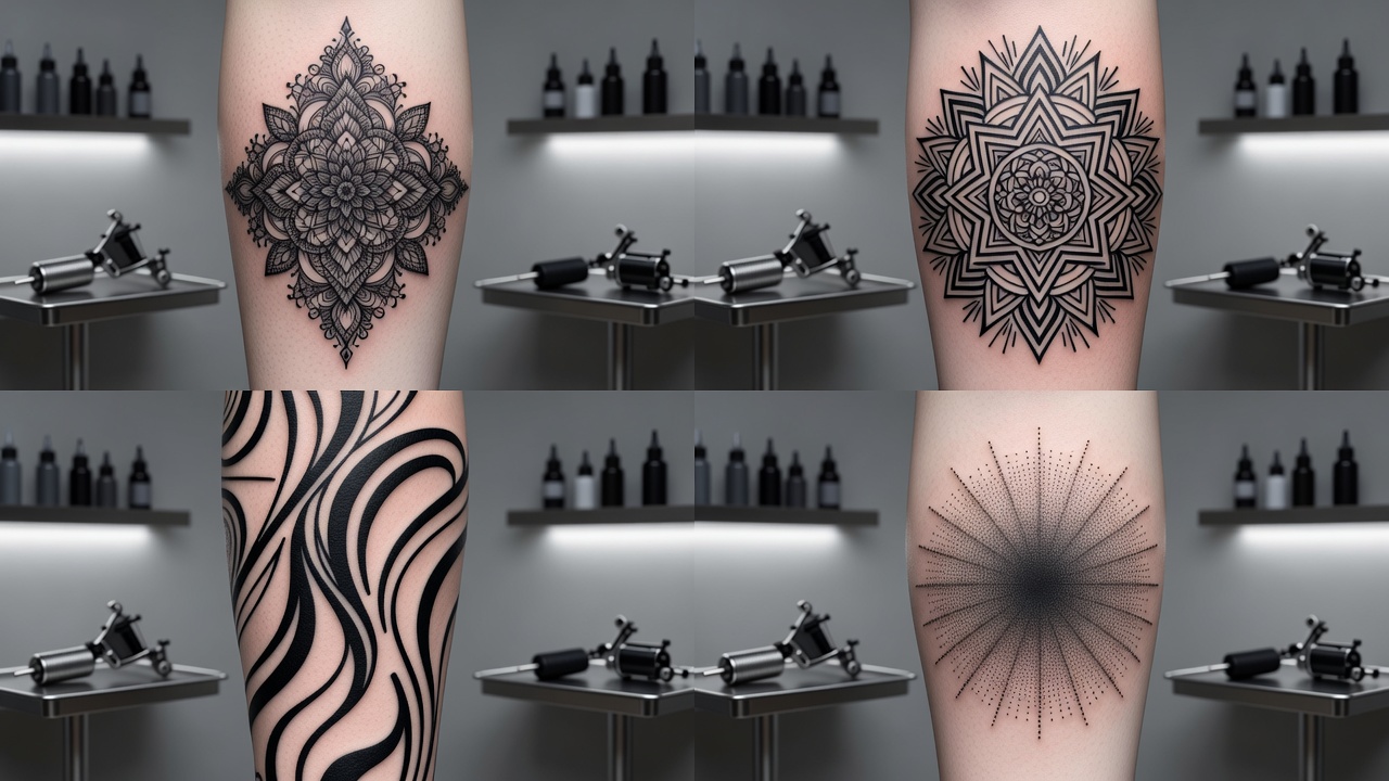 Griglia di variazioni di stile di tatuaggio blackwork generate con IA inclusi design ornamentali, geometrici e in dotwork