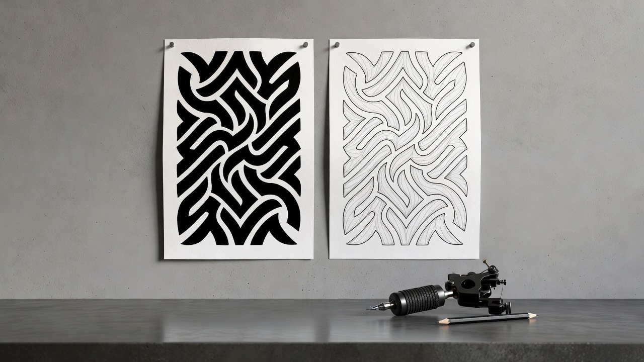 Confronto di design di tatuaggio blackwork generati con IA che mostrano diversi equilibri tra inchiostro nero pieno e spazio negativo