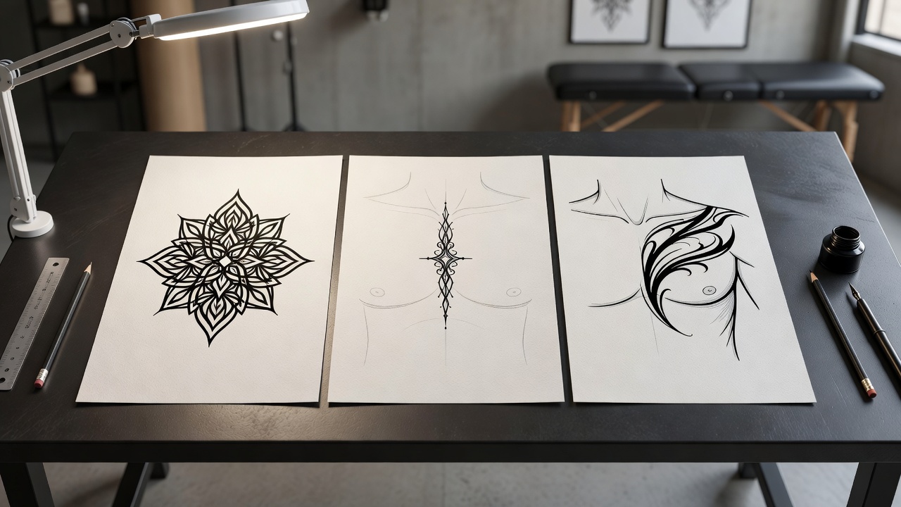 Confronto di disposizioni di tatuaggio sul petto generate con IA: pezzo centrato, design sullo sterno e mezzo petto