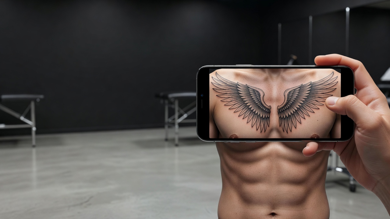 Anteprima in realtà aumentata di un design di tatuaggio IA sovrapposto a un petto reale tramite la fotocamera dello smartphone