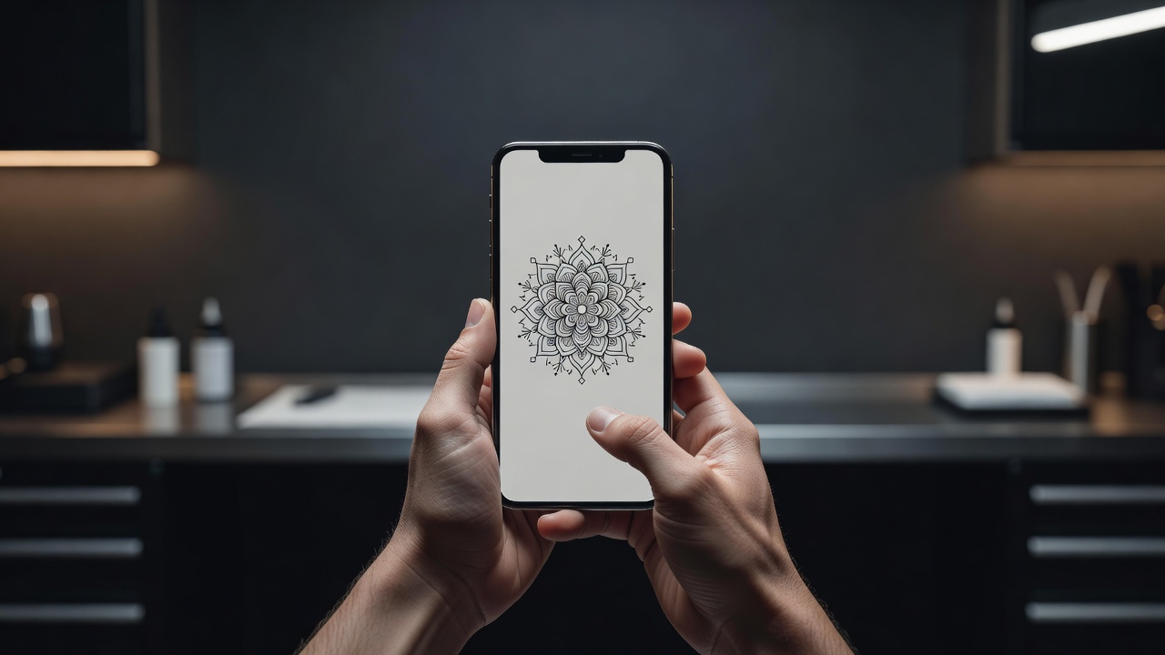 Persona che perfeziona un prompt per tatuaggio sul petto con IA sul telefono con anteprima di mandala simmetrico