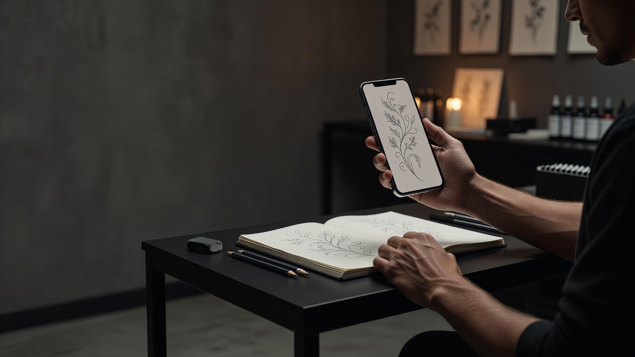 Person refining an AI collarbone tattoo prompt on a phone with a long slim botanical design on screen