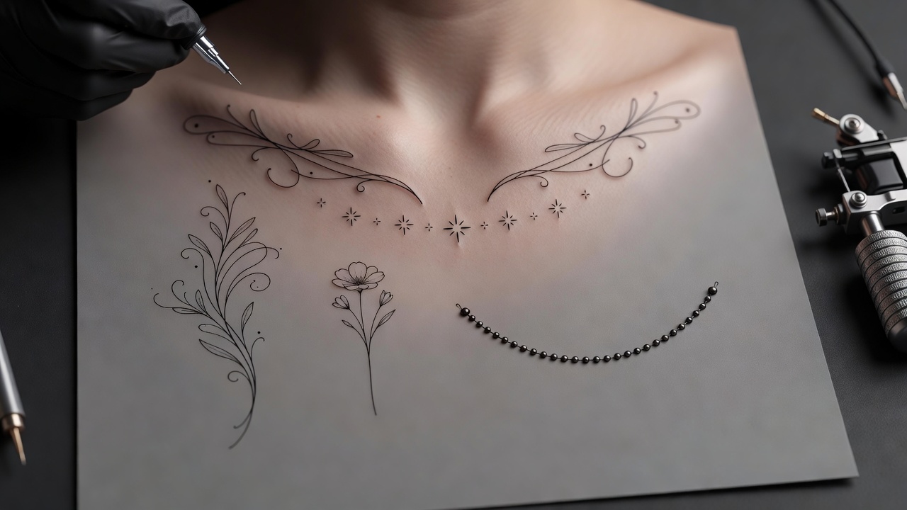 Collection of AI-generated collarbone tattoo ideas: a fine-line vine, a short script word, a row of tiny stars, and a delicate wildflower stem on a plain background