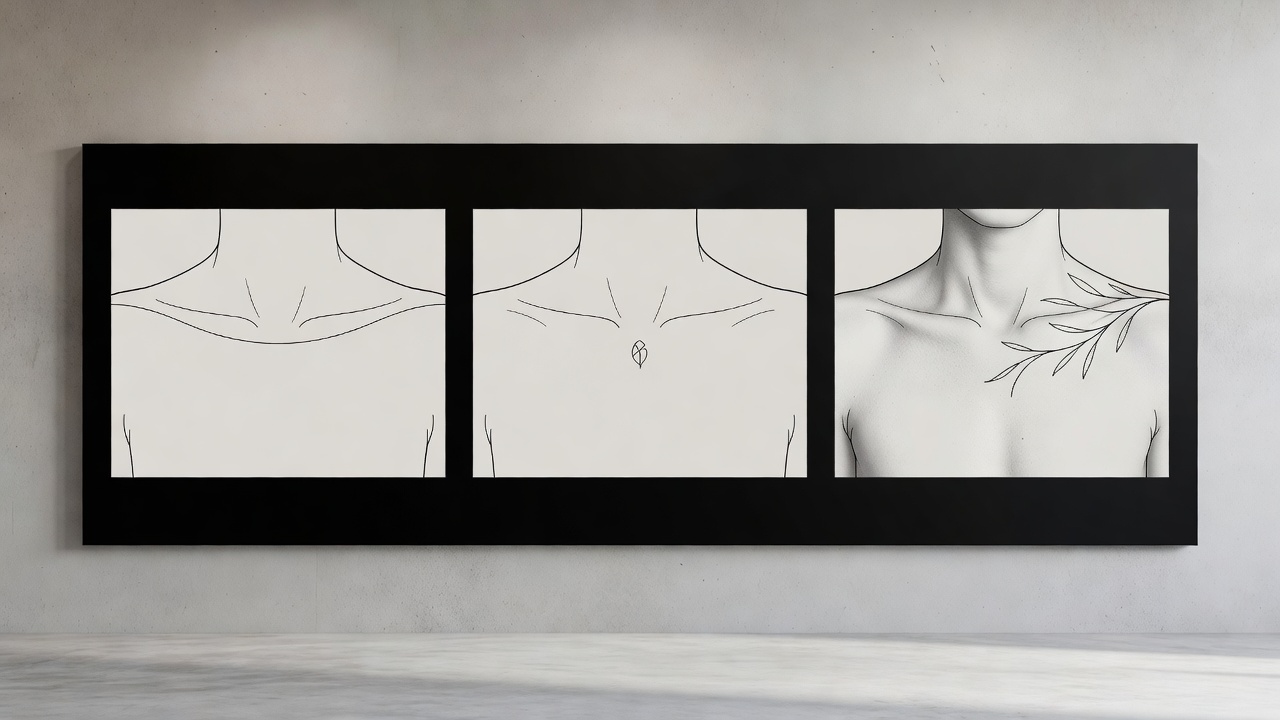 Comparison of AI-generated collarbone tattoo placements: a straight line along the bone, a centered symbol, and a branch sweeping toward the shoulder