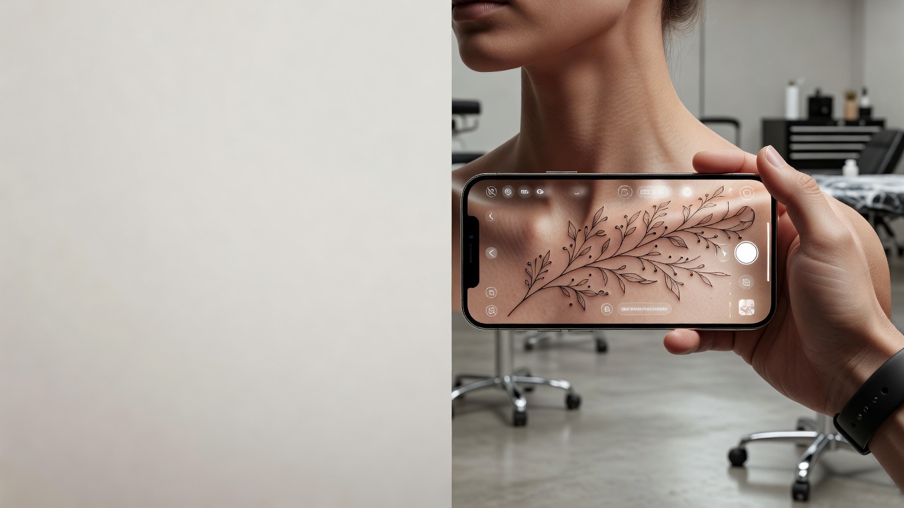AR try-on preview of an AI-generated fine-line branch tattoo overlaid on a real collarbone through a smartphone camera