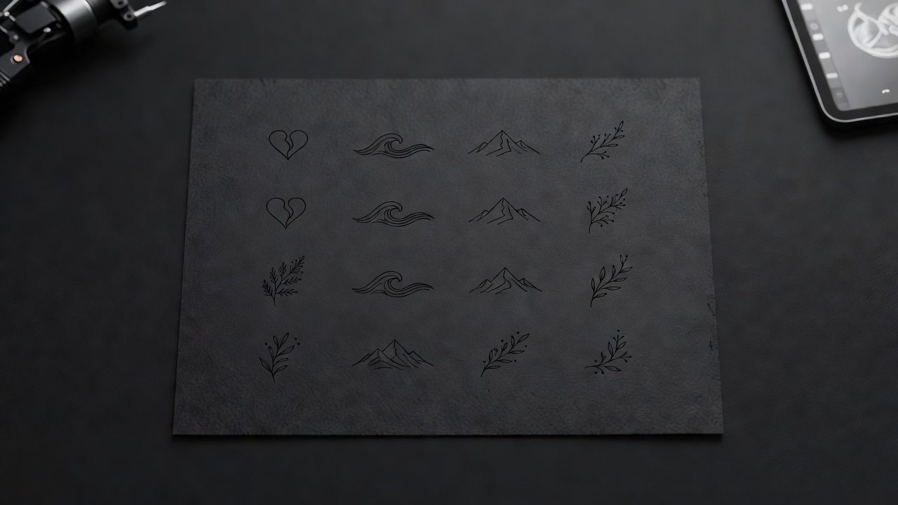 Griglia di idee di tatuaggi di coppia generate con IA tra cui coordinate abbinate, un cuore diviso, sole e luna, e coppie botaniche a linea fine