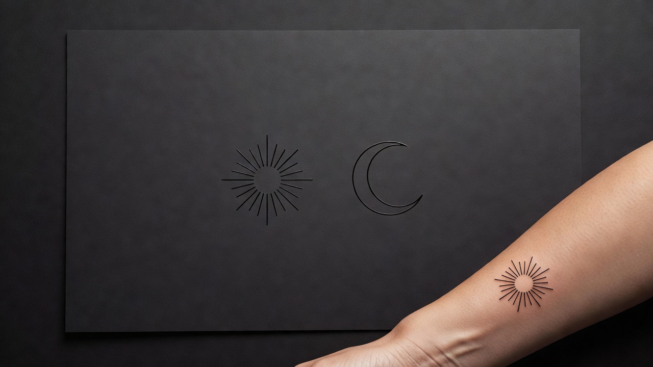 Due design complementari di tatuaggio di coppia con IA mostrati affiancati in uno stile a linea fine abbinato, un sole e una luna pensati per essere indossati dai partner