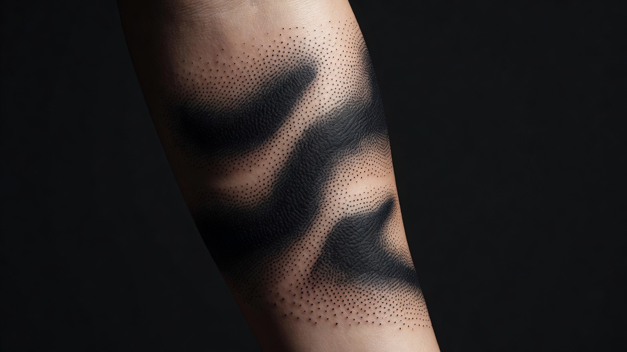 Stippled dotwork tattoo pattern showing gradient shading built from individual dots on skin