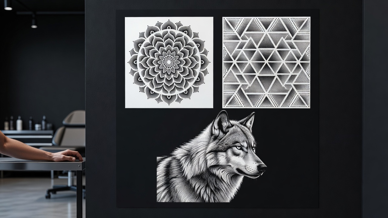 Grid of AI-generated dotwork tattoo style variations including mandala, geometric, and portrait designs